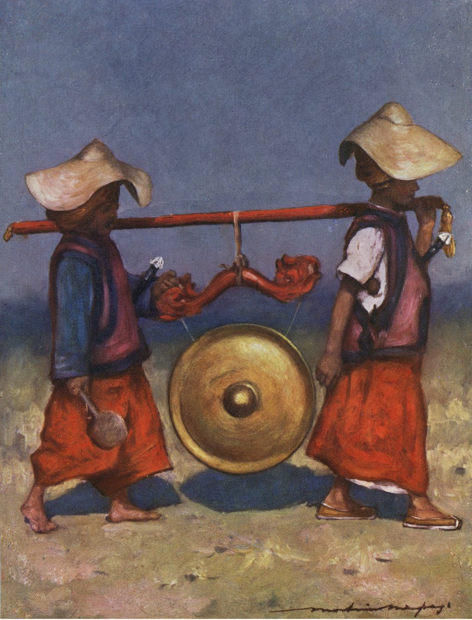 Servitori Shan che trasportano un gong di ottone - inizio XX secolo da Mortimer Ludington Menpes