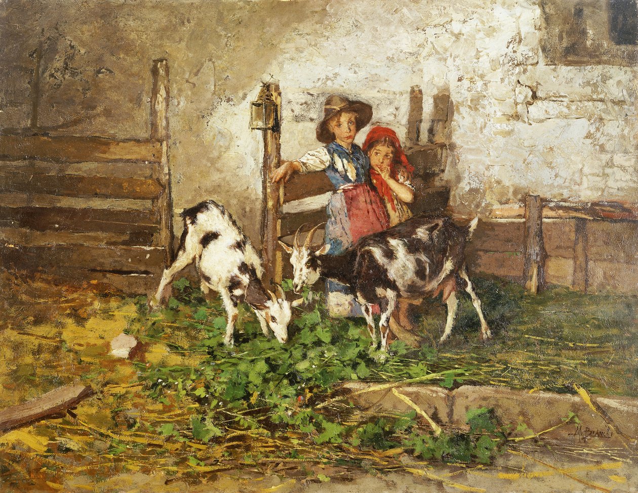 Bambini e Capre in un Fienile da Mose Bianchi
