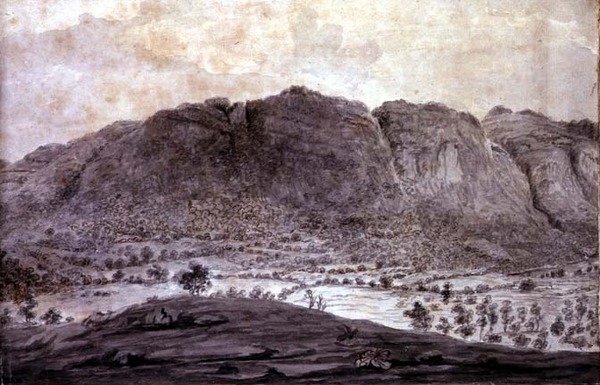 Veduta panoramica di Derwentwater e della Valle di Keswick, dettaglio delle montagne, c.1772 da Moses (attr. to) Griffith