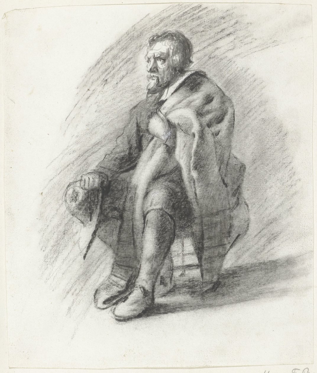 Uomo barbuto seduto con mantello e cappello da Moses Ter Borch