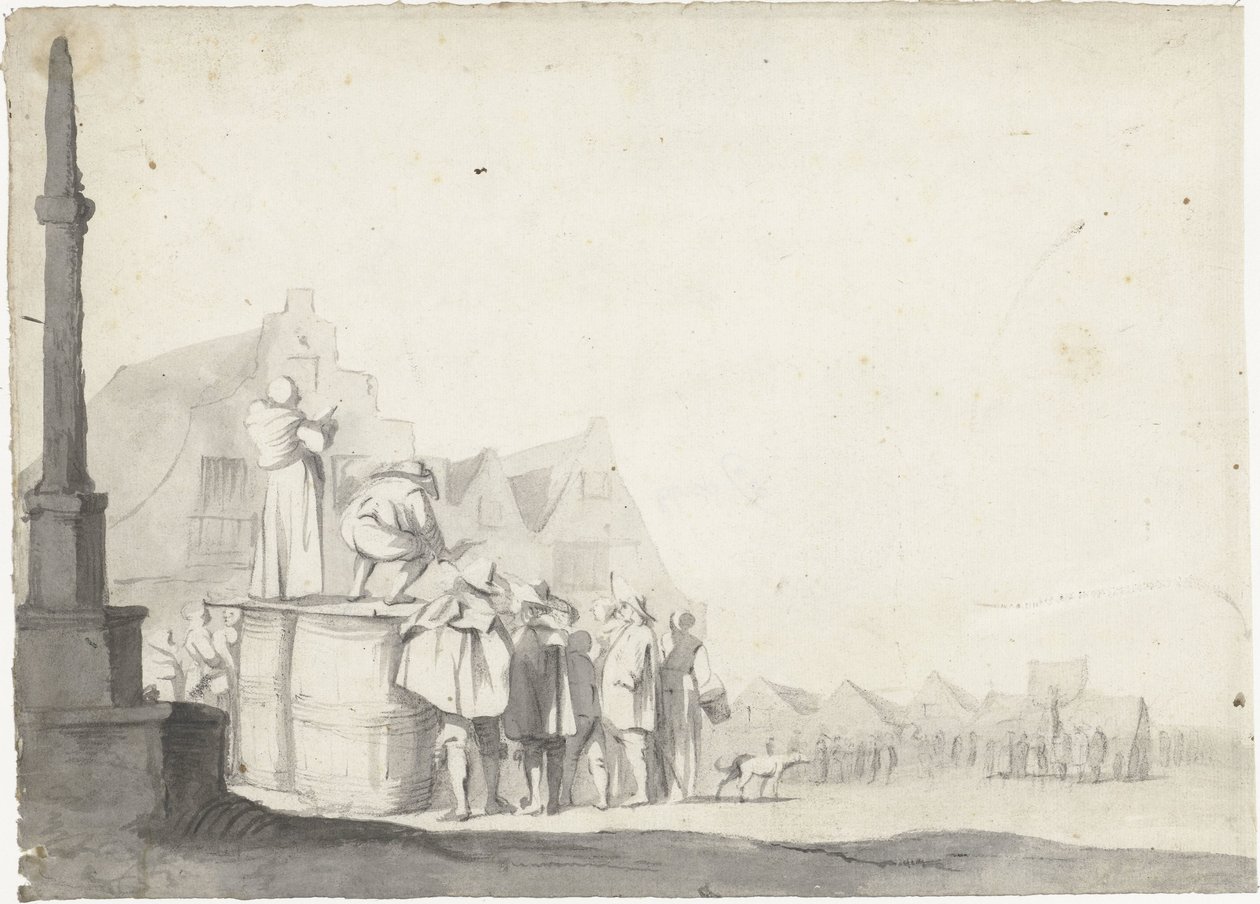 Piazza del mercato con banditore su una botte da Moses ter Borch (possibly)