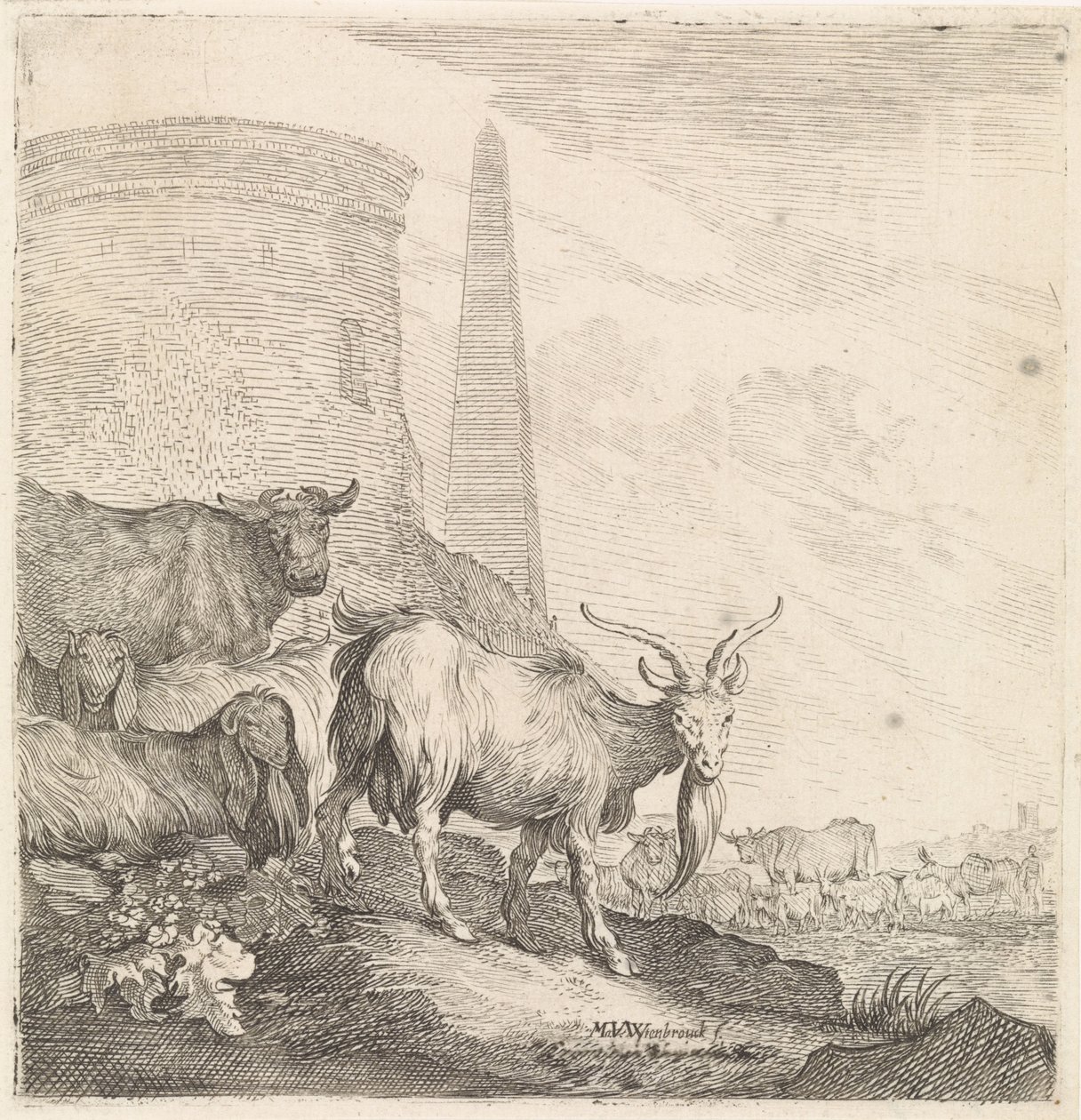 Capre e mucche presso una torre rotonda con un obelisco (Animali quadrupedi, titolo della serie) da Moyses van Wtenbrouck