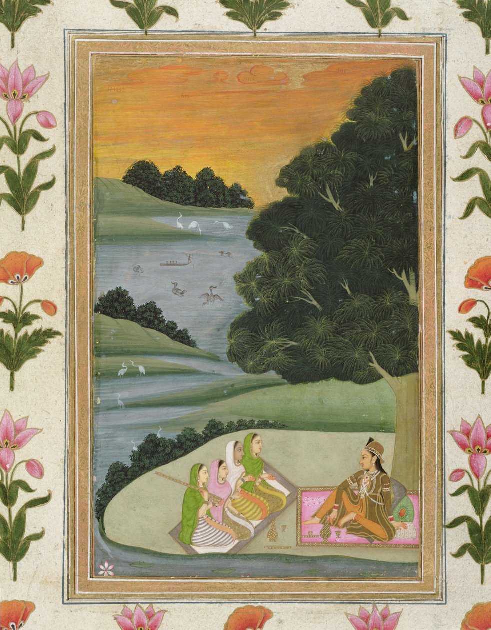 Una principessa ascolta musiciste lungo un fiume al tramonto, dal Piccolo Album Clive da Mughal School