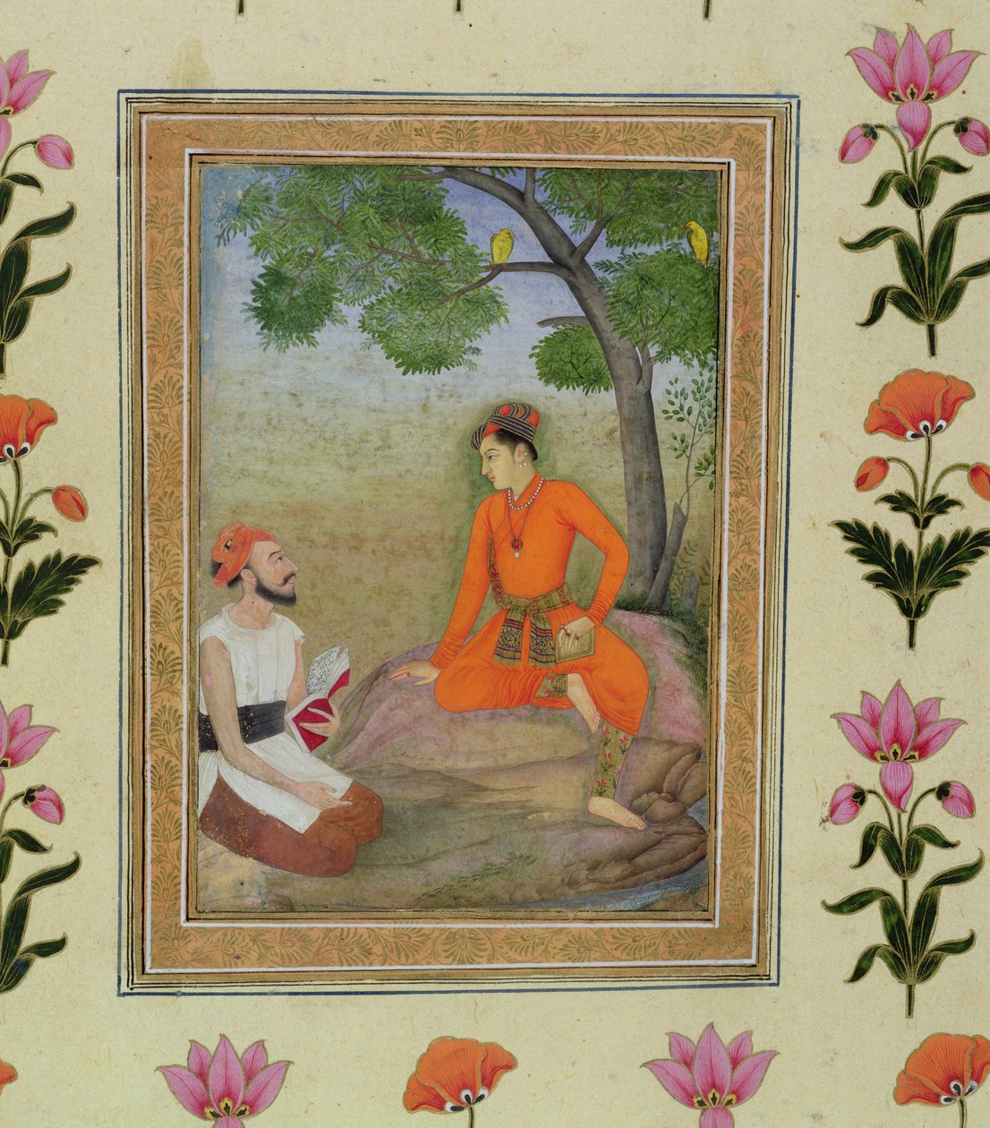 Un principe in discussione con un uomo religioso che tiene un libro, dal Piccolo Album Clive da Mughal School
