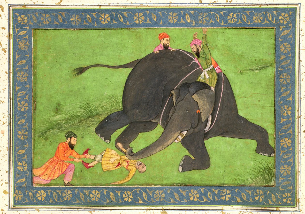 Assistenti che salvano un uomo caduto da un elefante infuriato, dal Grande Album di Clive da Mughal School