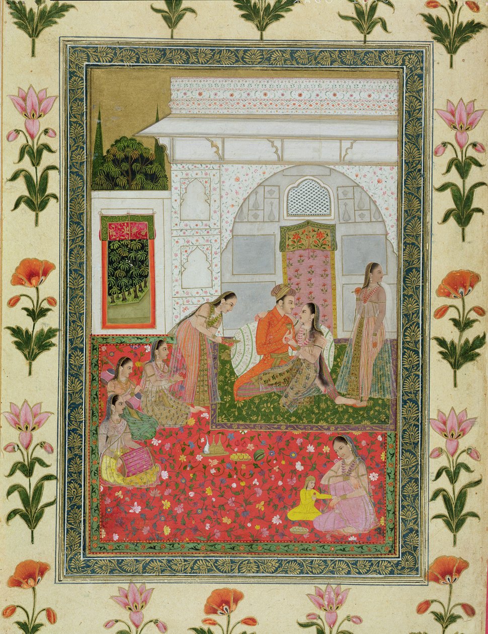 Coppia con assistenti femminili e musicisti, dal Piccolo Album di Clive da Mughal School