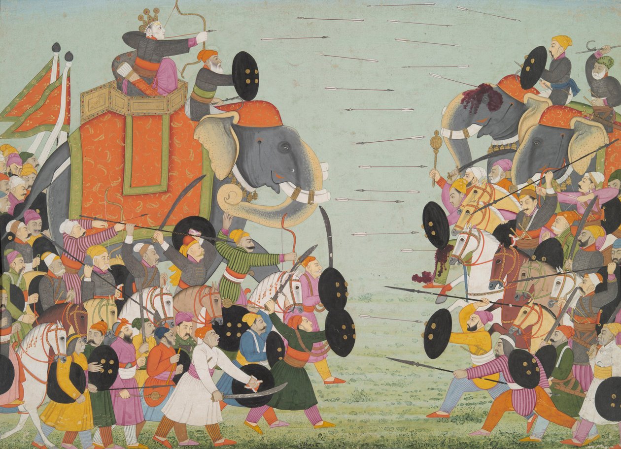 Illustrazione da una serie del Bhagavata Purana, Libro 10, Battaglia tra Balarama e Jarasandha, 1760-65 da Mughal School