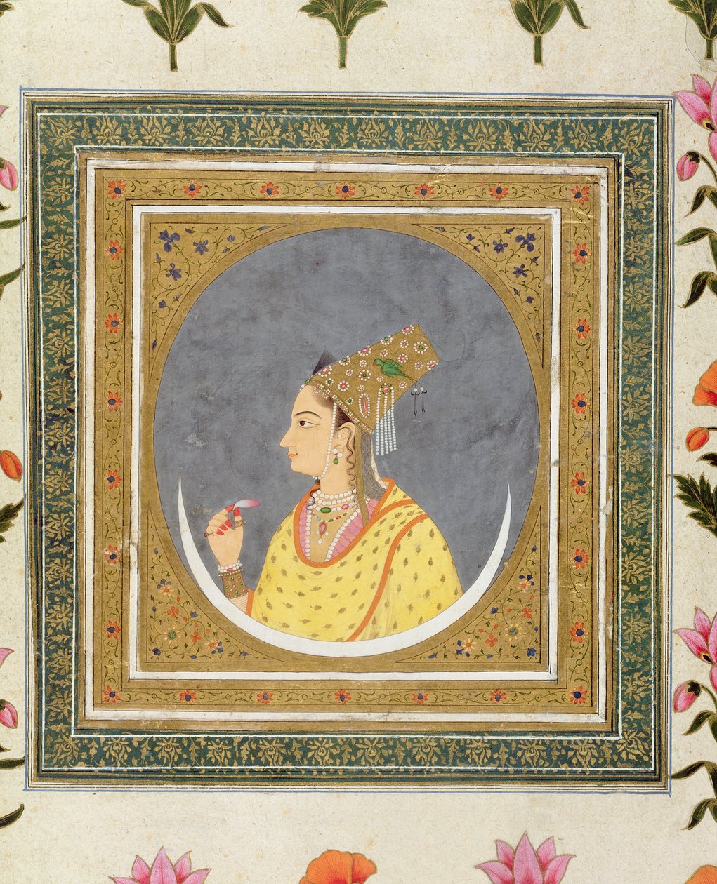 Ritratto di una signora che tiene un petalo di loto, dal Piccolo Album Clive, c.1750-60 da Mughal School