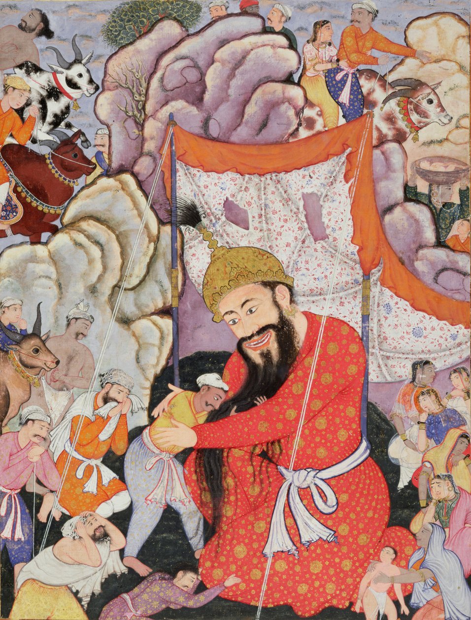 Zumurrud Shah raggiunge il piede di una grande montagna ed è raggiunto da Raim Bevitore di Sangue e Yaqut Splendente, 1557-72 da Mughal School