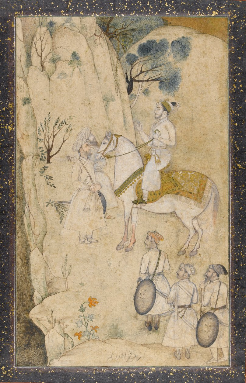 Un principe a cavallo, con cinque attendenti, che osservano una cascata da Mughal School