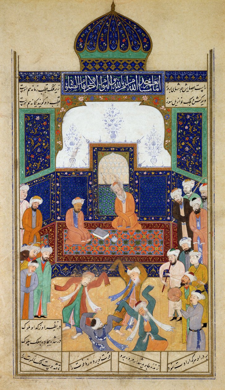 Dervisci che Ballano al Suono della Musica Davanti al loro Shaik e a un Discepolo, da Khamsah del Principe Khusrau, Matla al-Anvar, 1485 (890 Hijra) da Mughal School