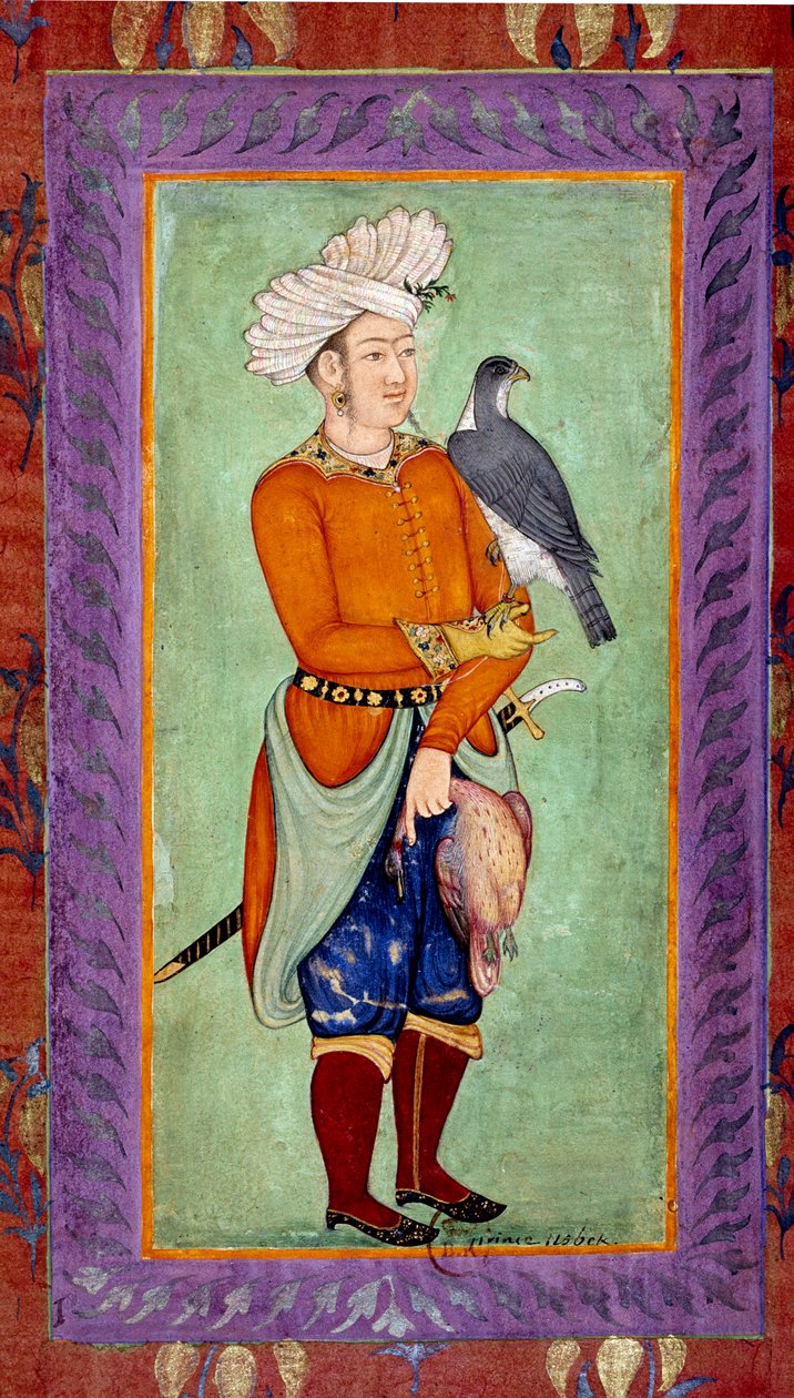 Arte indiana: rappresentazione di un principe uzbeko con un falco da caccia da Mughal School