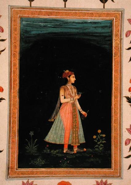 Donna che tiene una fiaschetta di vino e un bicchiere di notte, dal Small Clive Album da Mughal School