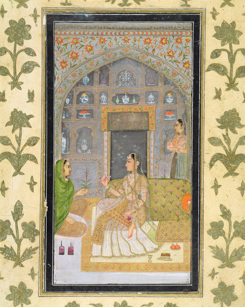 Signora seduta in un padiglione con attendenti, dal Piccolo Album Clive da Mughal School