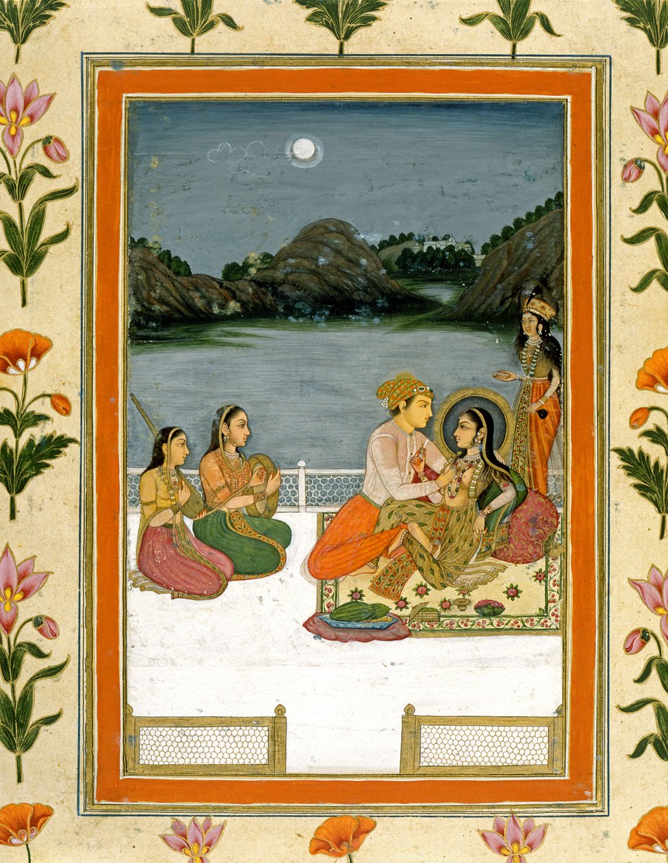 Amanti su una terrazza vicino a un lago illuminato dalla luna, dal Piccolo Album Clive da Mughal School
