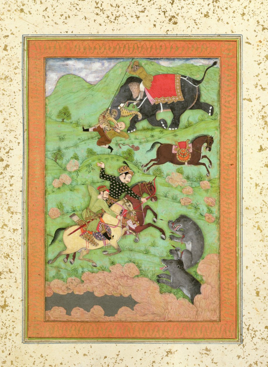 Principi Rajput che cacciano orsi; un mahout e il suo elefante salvano un cavaliere caduto da una tigre, dal Grande Album Clive da Mughal School