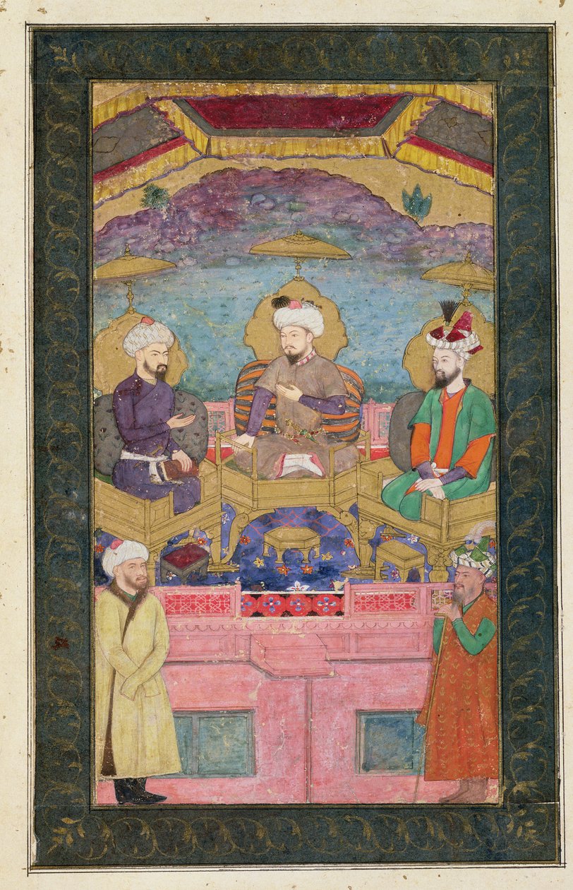 Timur, Babur e Humayan sul trono insieme, dal Grande Album Clive, da un originale del XVII secolo da Mughal School