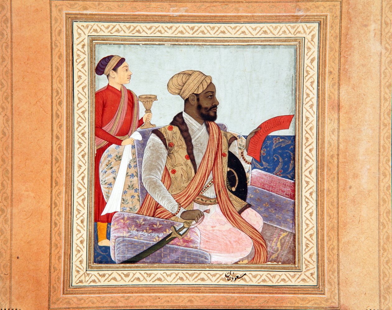 Il nobile Ikhlas Khan con una petizione, 1650 circa (acquerello opaco e oro su carta) da Muhammad Khan