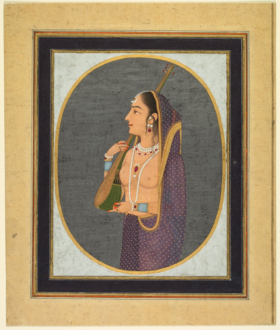 Dama di corte che canta e suona la vina, 1760 circa (acquerello opaco, inchiostro e oro su carta) da Muhammad Riza i Hindi