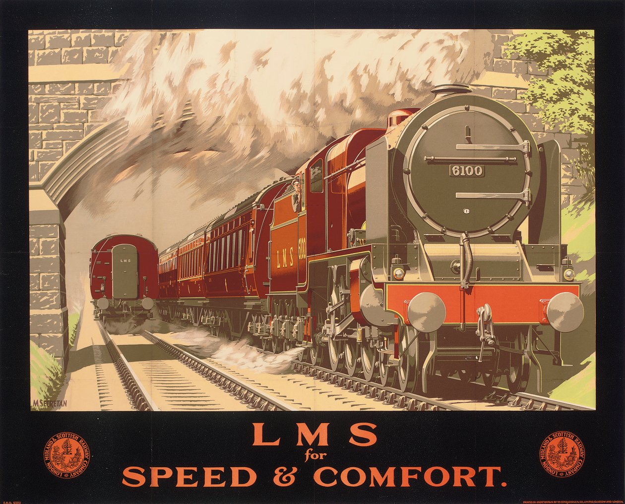 LMS per velocità e comfort, poster pubblicitario della London, Midland and Scottish Railway da Murray Secretan