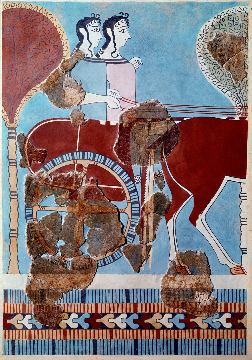 Arte micenea: coppia su un carro. Frammento di affresco dal palazzo di Tirinto e ricostruzione da Mycenaean