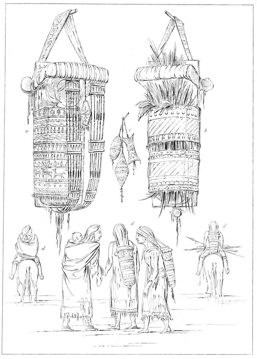 Una culla Sioux e modi di trasportare i loro bambini, 1841 da Myers and Co