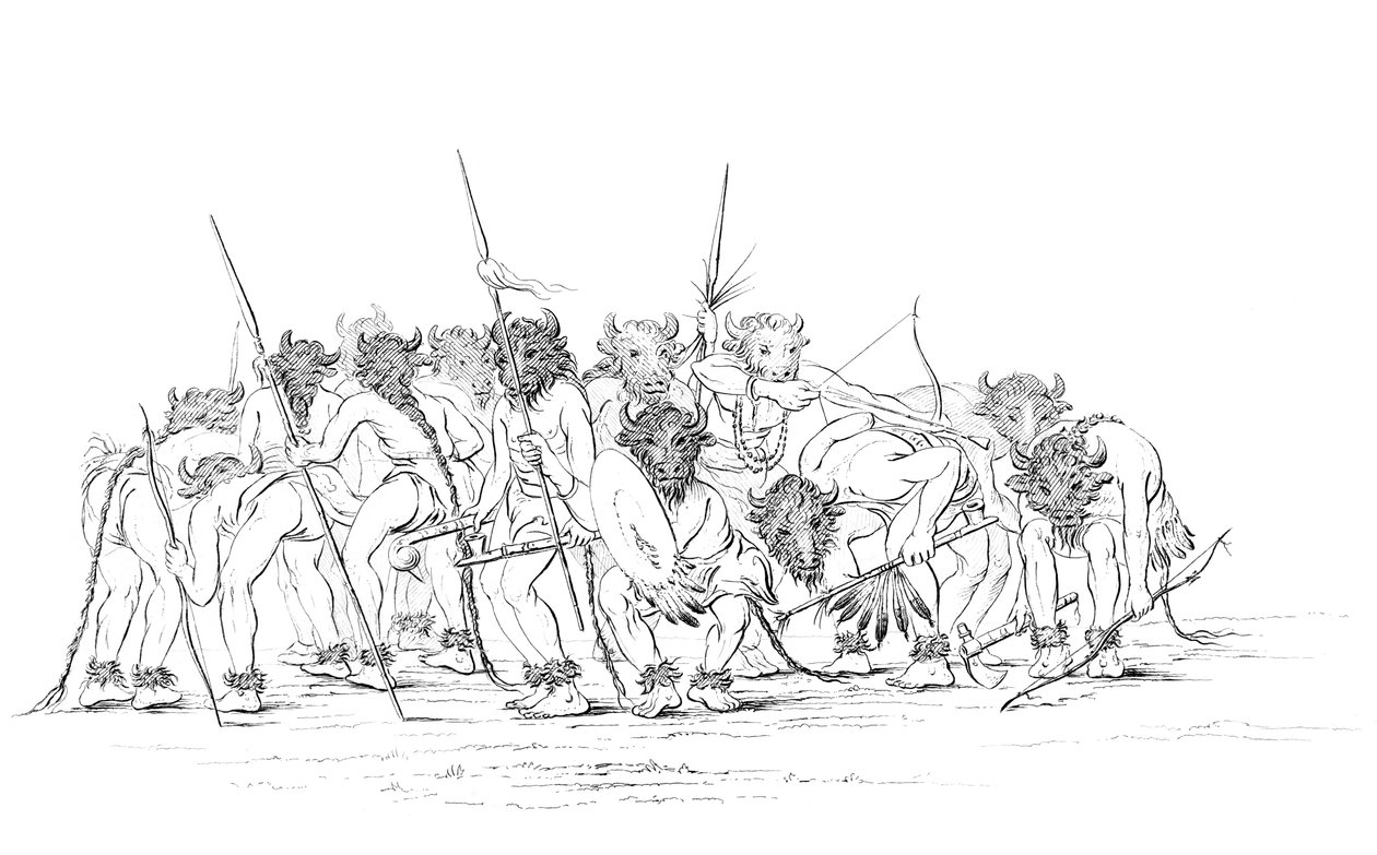 Cacciatori nativi americani che danzano indossando maschere di bufalo da Myers and Co