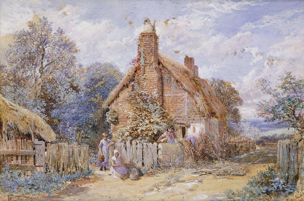 Bambini vicino a un Cottage con il Tetto di Paglia a Chiddingfold da Myles Birket Foster