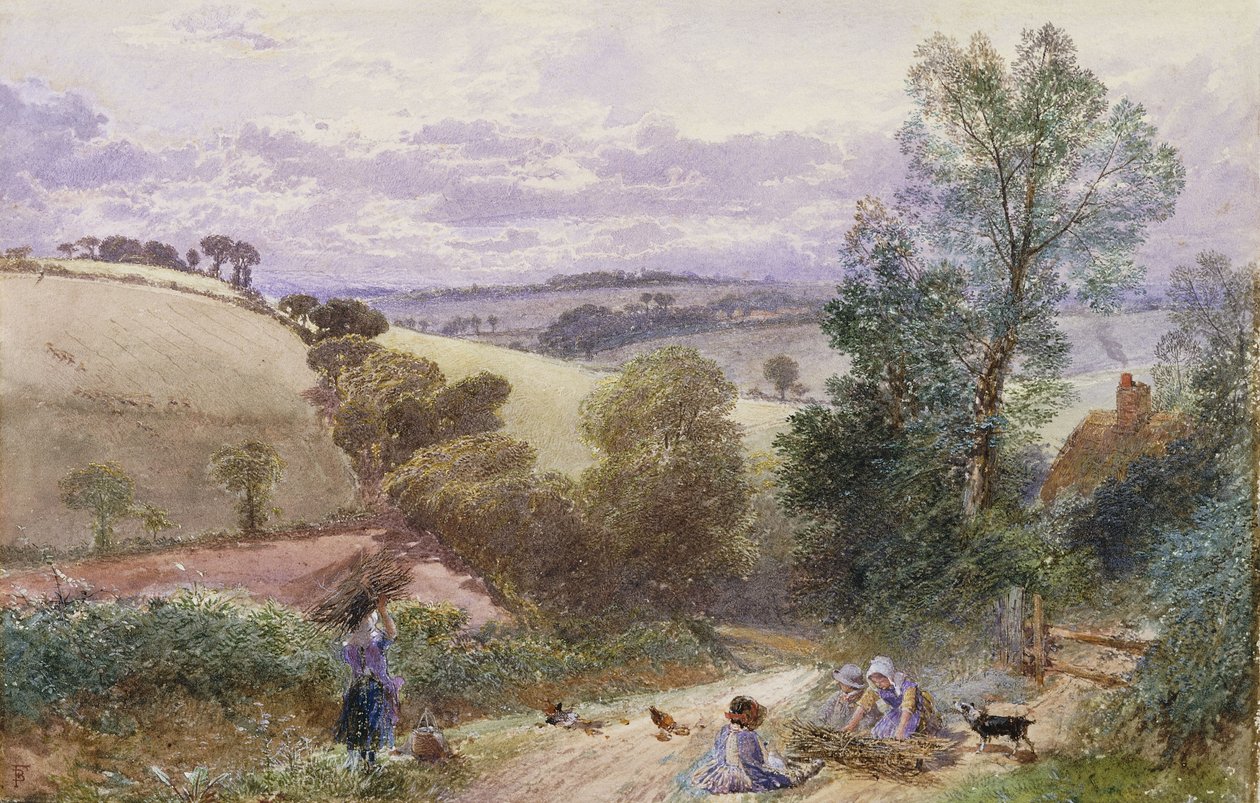Figure che raccolgono ramoscelli lungo una strada da Myles Birket Foster