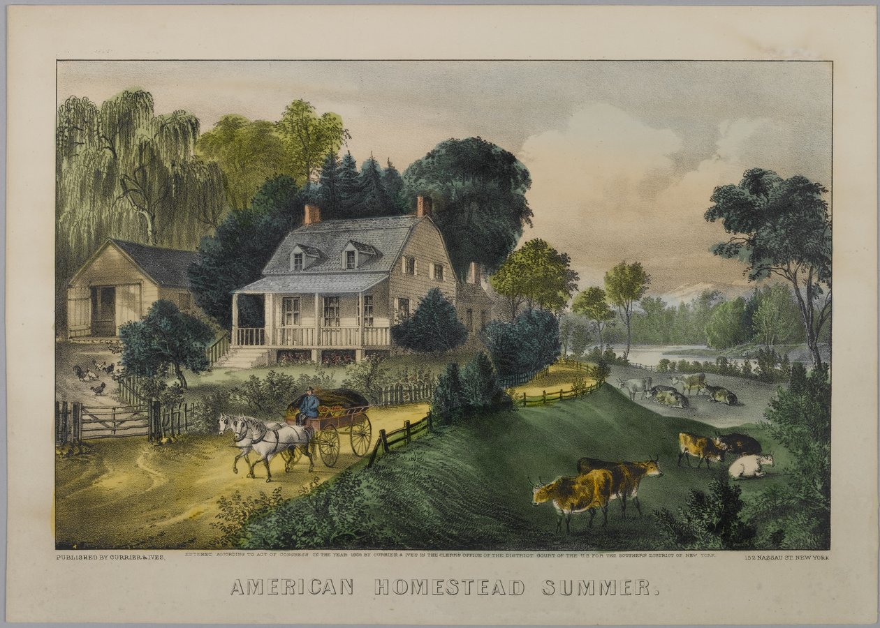 Fattoria americana in estate, 1868-69 da N. and Ives, J.M. Currier