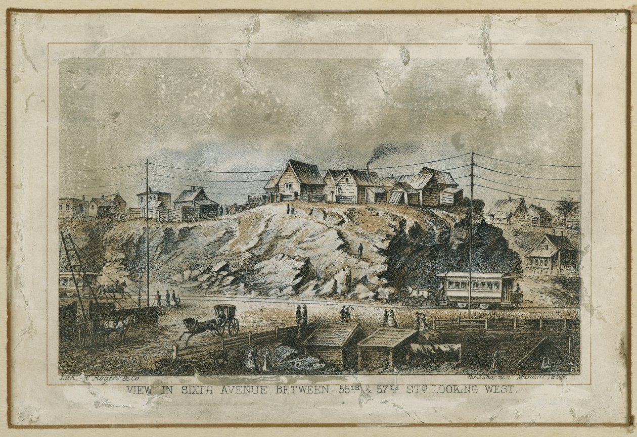 Vista sulla Sesta Avenue, tra le 55th e 57th Streets guardando a ovest, 1858 da N. and Ives, J.M. Currier