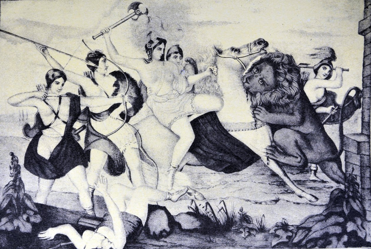 La regina delle Amazzoni attaccata da un leone da N. and Ives, J.M. Currier