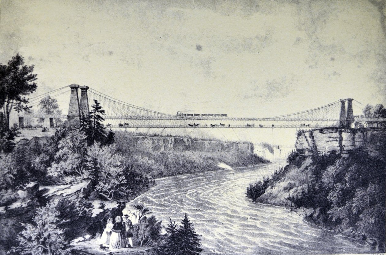 Il ponte sospeso della ferrovia, vicino alle cascate del Niagara da N. and Ives, J.M. Currier