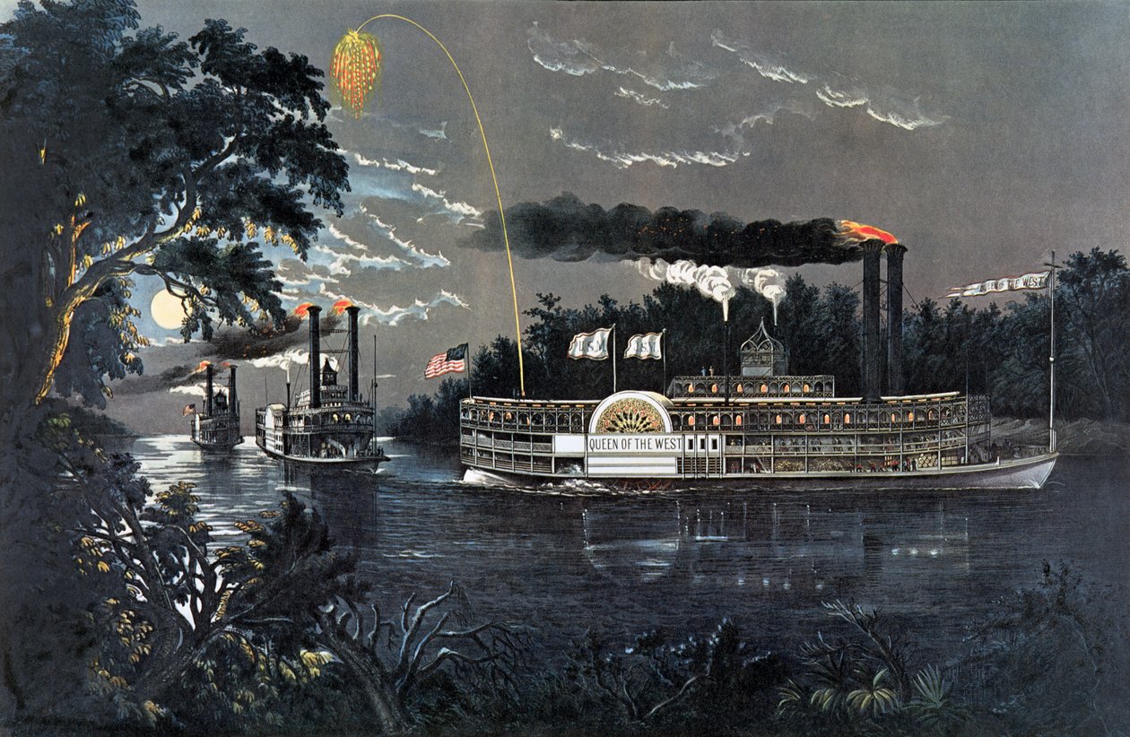 RL 27835 Girando una Curva sul Mississippi Steamboat Queen of the West da N. and Ives, J.M. Currier