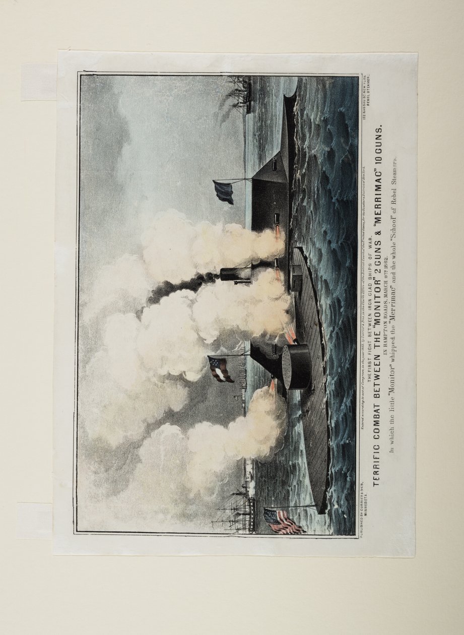 Terribile combattimento tra il Monitor due cannoni e il Merrimac dieci cannoni, c.1862 da N. and Ives, J.M. Currier