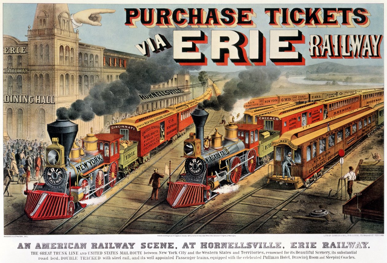 La scena ferroviaria americana a Hornellsville, Erie Railway da N. and Ives, J.M. Currier
