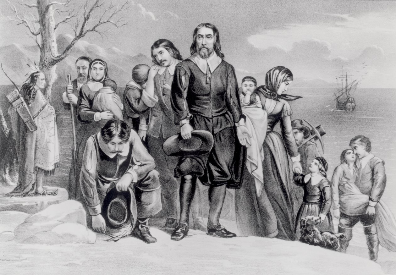 Lo sbarco dei pellegrini a Plymouth, Mass. 22 dicembre 1620, pub. 1876 da N. and Ives, J.M. Currier