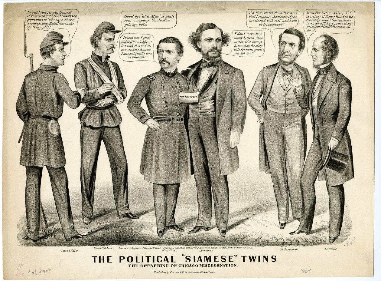 I gemelli siamesi politici, la prole della mescolanza di Chicago, 1864 da N. and Ives, J.M. Currier