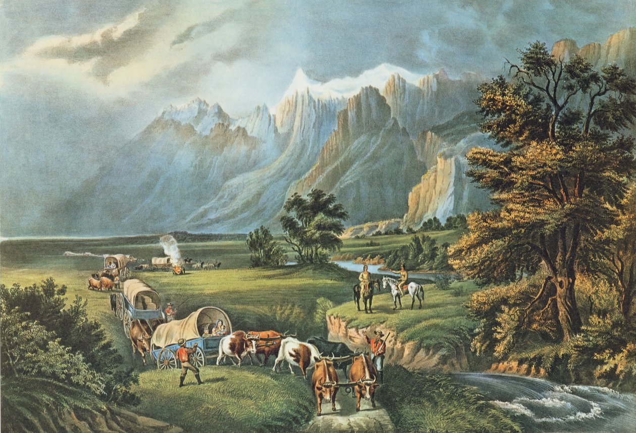 Le Montagne Rocciose: Emigranti che attraversano le pianure, 1866 da N. and Ives, J.M. Currier
