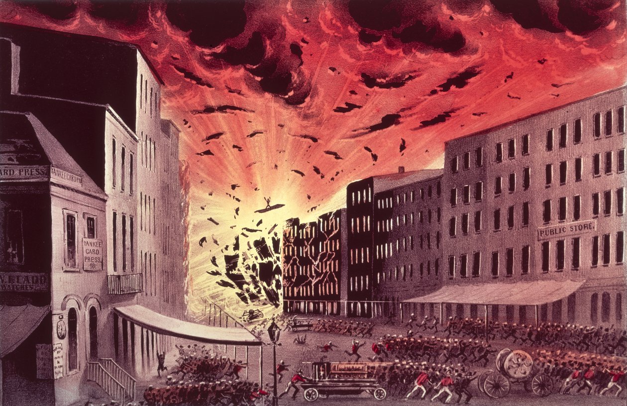 Vista della terrificante esplosione al grande incendio di New York, 19 luglio 1845 (stampa) da N. and Ives, J.M. Currier