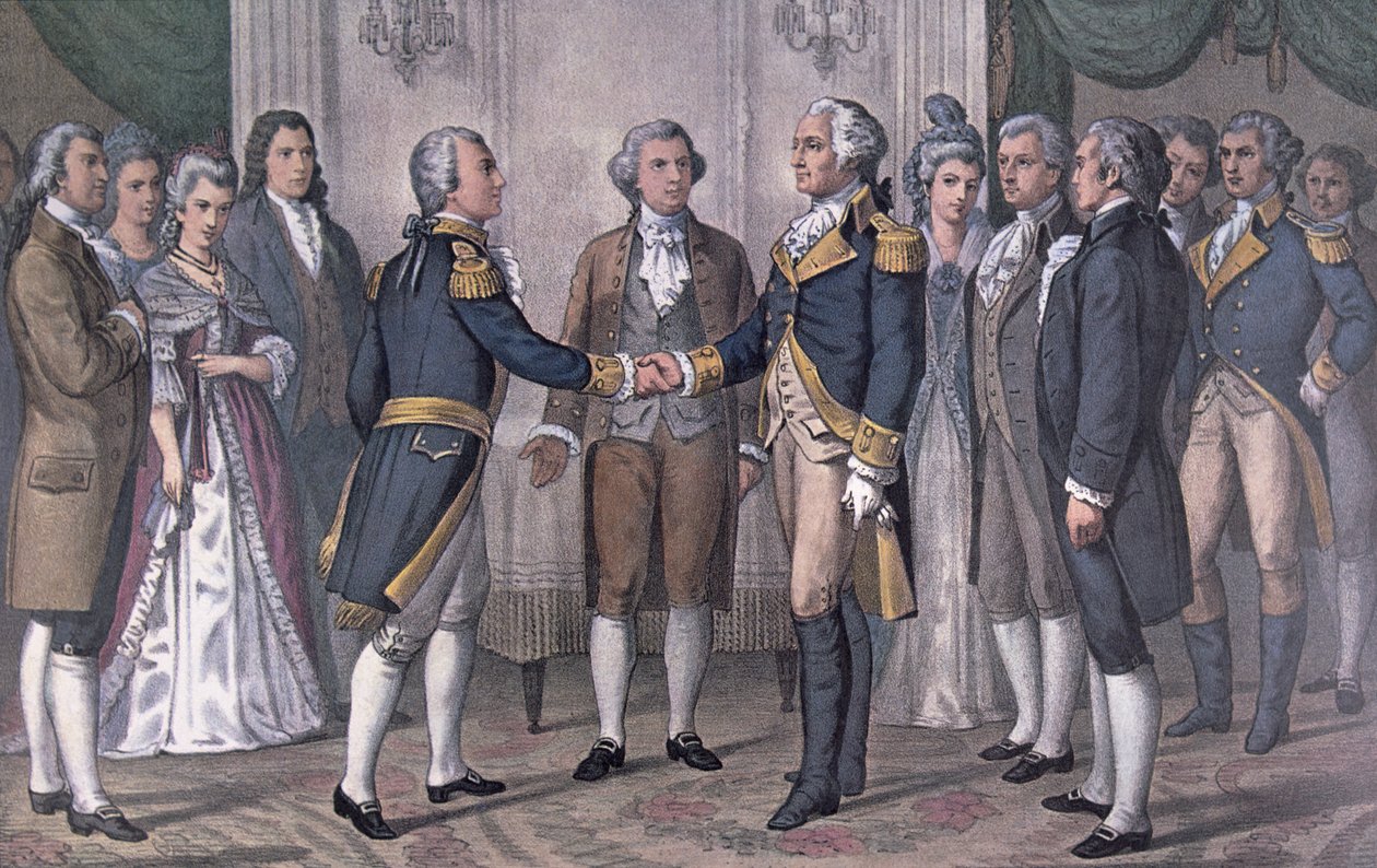Il primo incontro tra il generale George Washington e il marchese de La Fayette a Filadelfia, 3 agosto 1777, pubblicato nel 1876 da N. and Ives J.M. (after) Currier