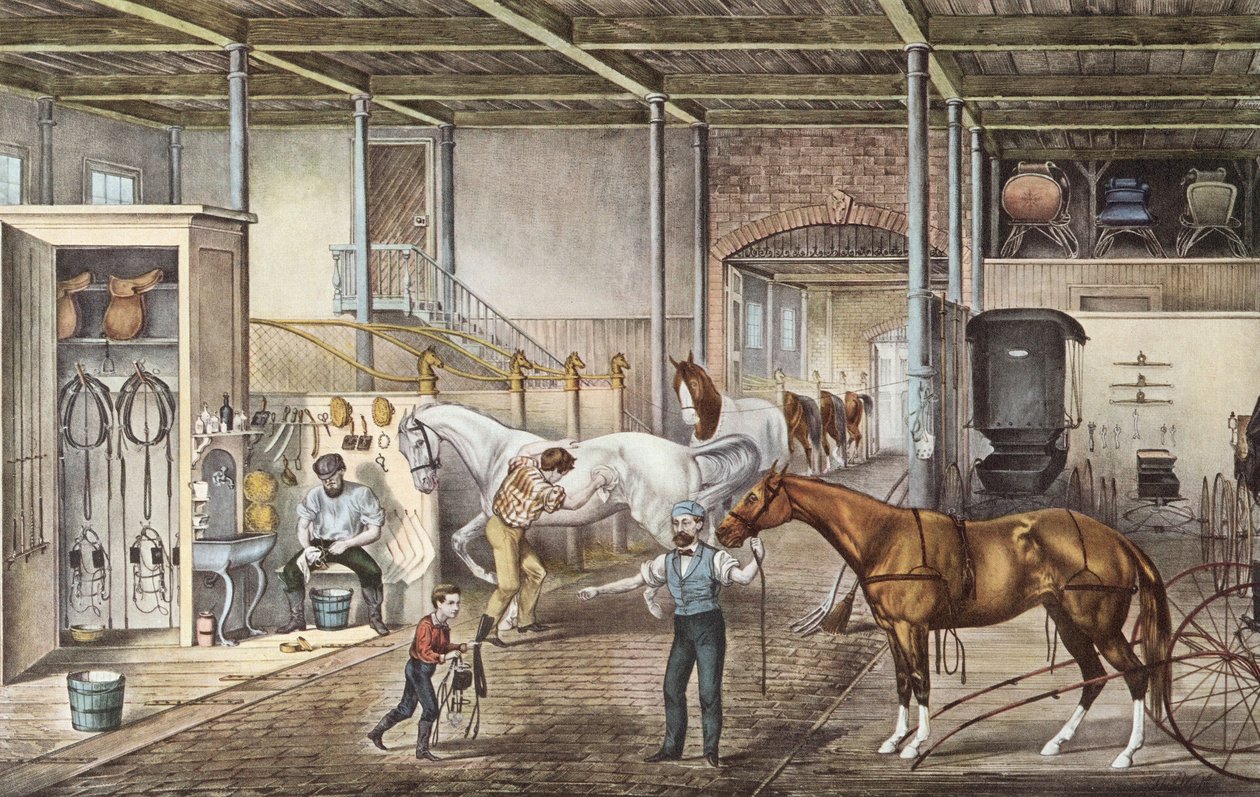 Modello di scuderia dove i ragazzi e i palafrenieri si prendono realmente cura dei cavalli, incisione dal libro "America" di Currier e Yves 1870 da N. and Ives J.M. (1824 95) Currier