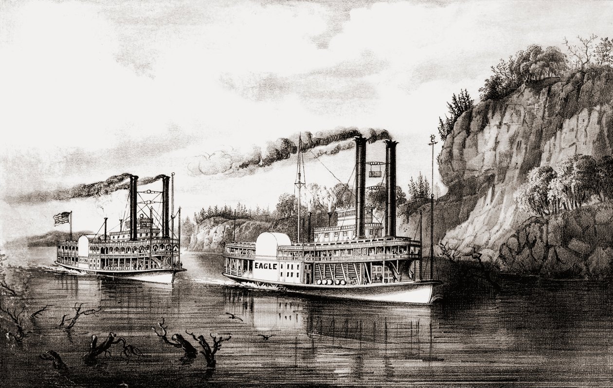Battelli a vapore che gareggiano sul fiume Mississippi, USA da N. and Ives J.M. Currier
