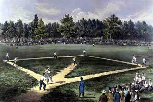 Il gioco nazionale americano del baseball, grande partita per il campionato agli Elysian Fields, Hoboken, N.J. 1866 da Currier and Ives