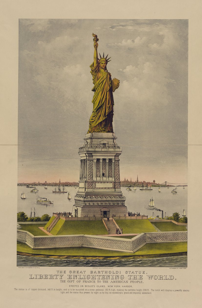 La grande statua di Bartholdi, La Libertà che illumina il mondo, il dono della Francia al popolo americano, c.1885 da Currier and Ives