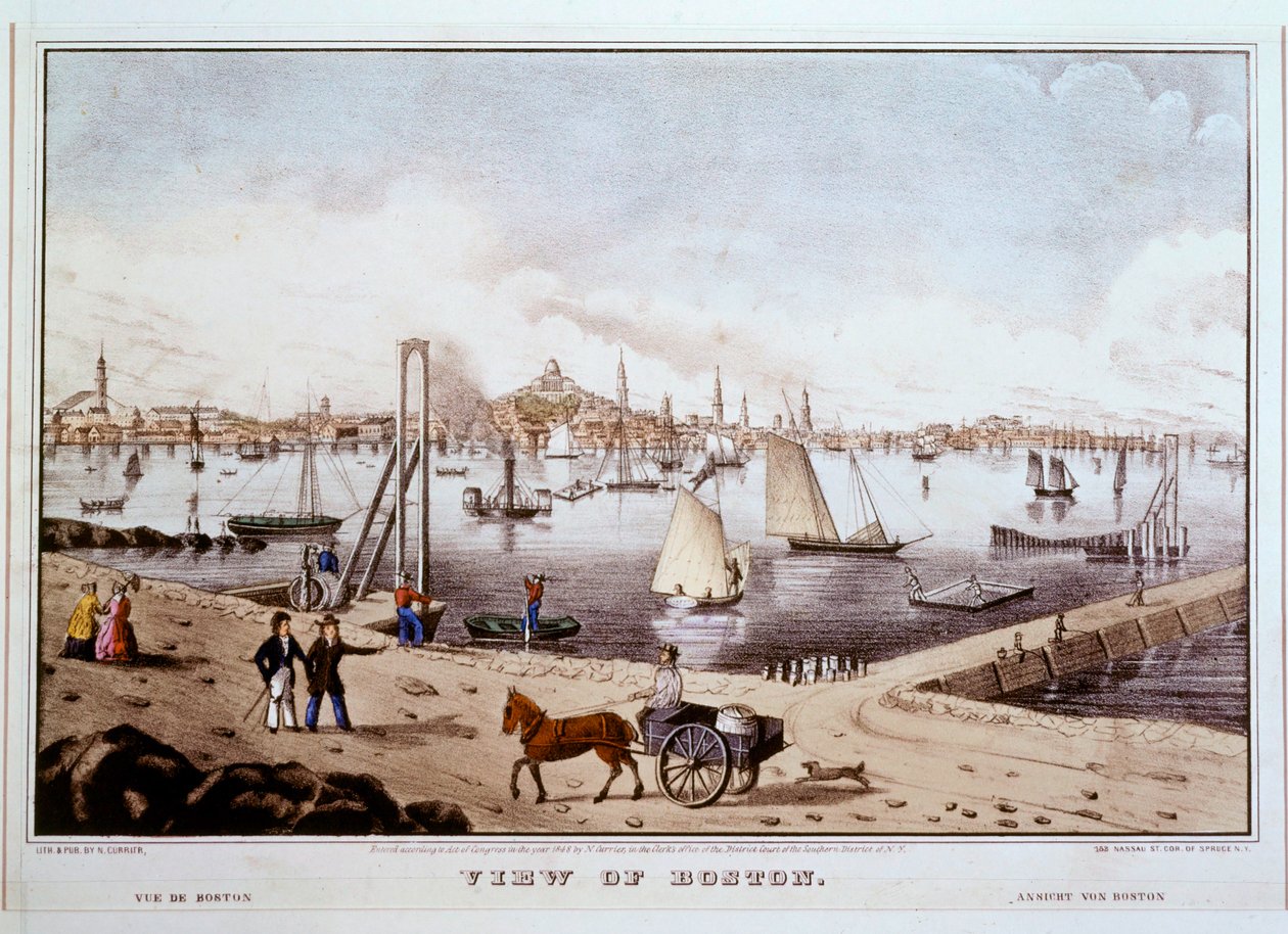 Veduta di Boston con il porto di Boston ... (stampa a colori) da N. and Ives J.M. (1824-95) Currier