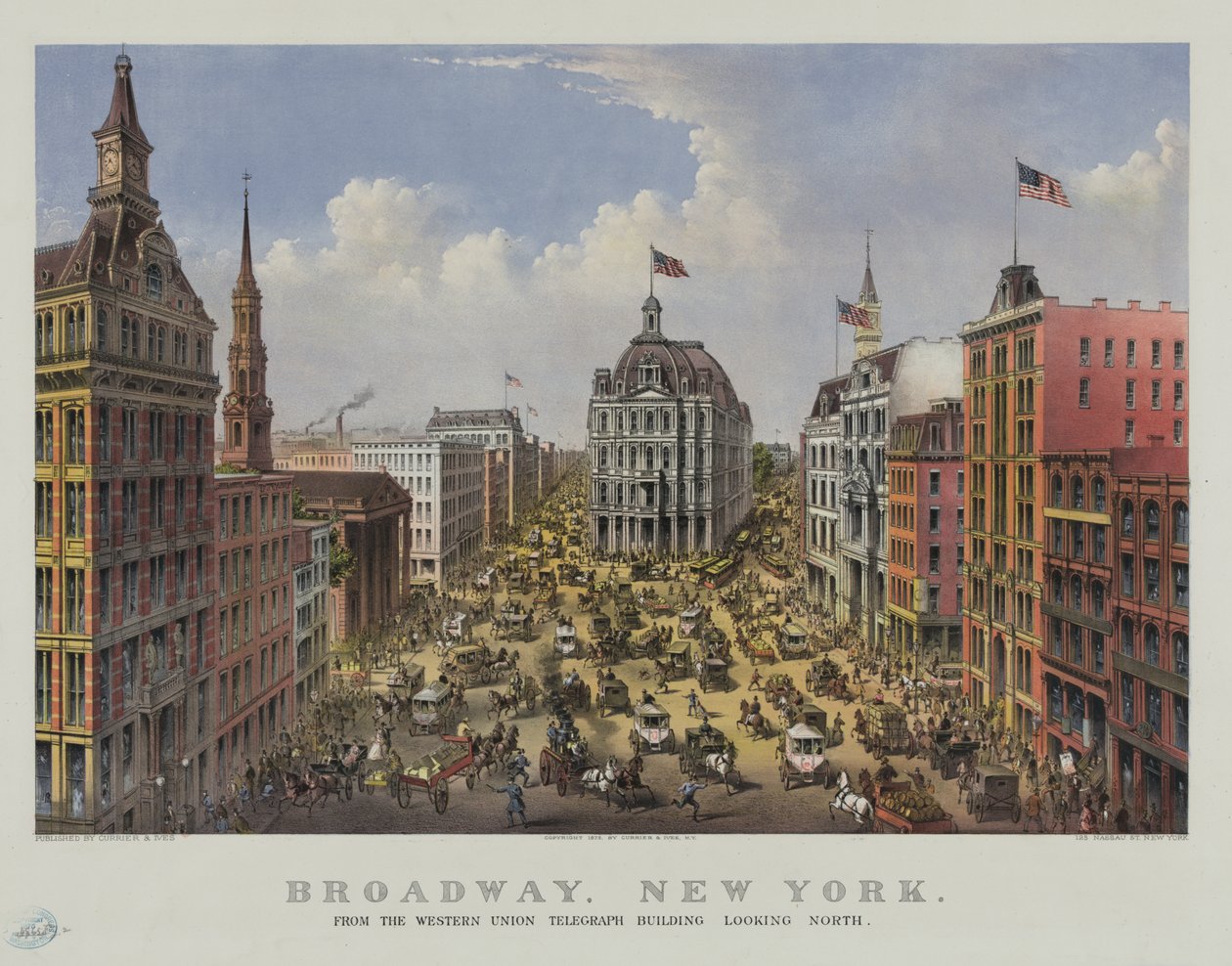 Broadway, New York dal Western Union Telegraph Building guardando a nord da Currier and Ives