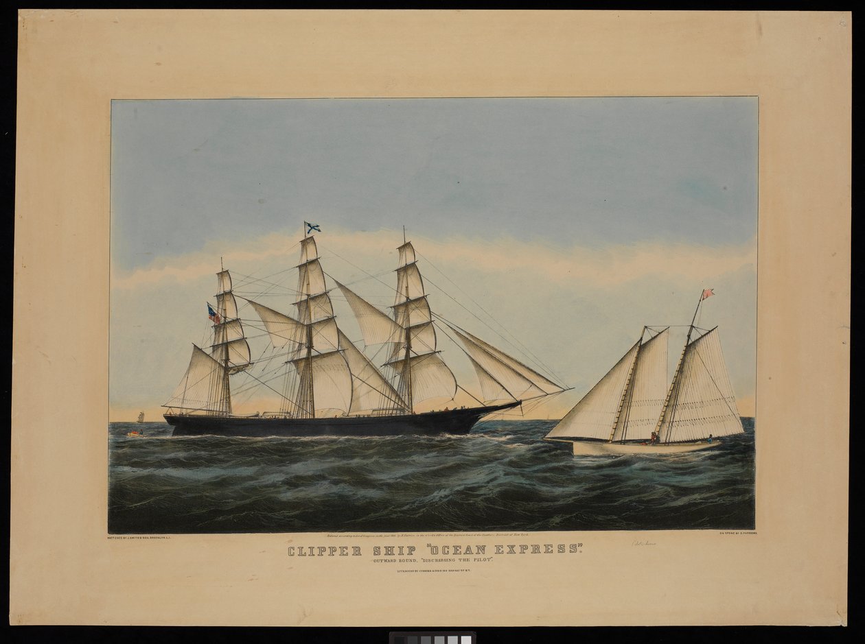 Clipper Ocean Express in uscita "scaricando il pilota" da N. and Ives J.M. (1824 95) Currier