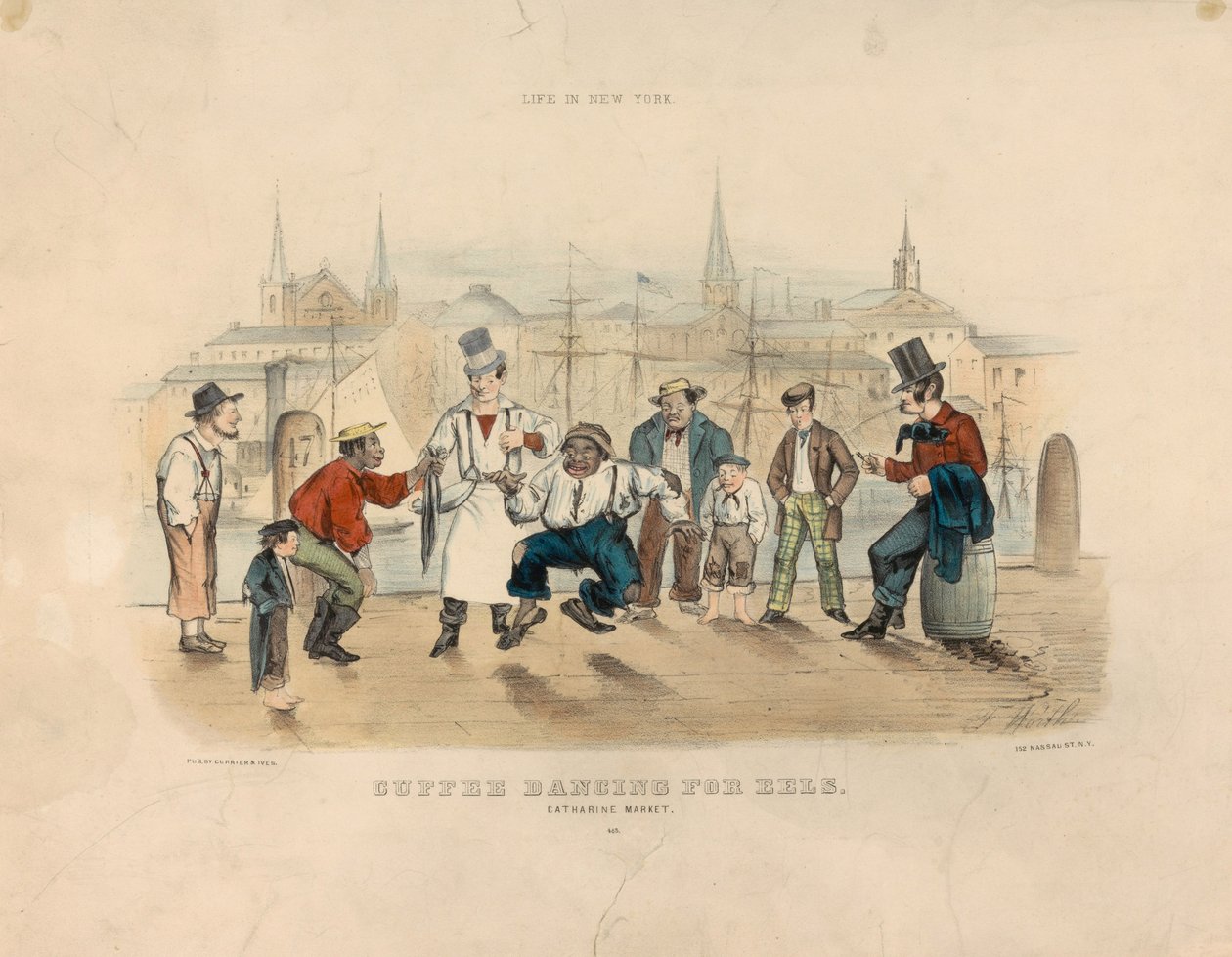 Cuffee balla per le anguille - Mercato di Catharine (Vita a New York) da Currier and Ives