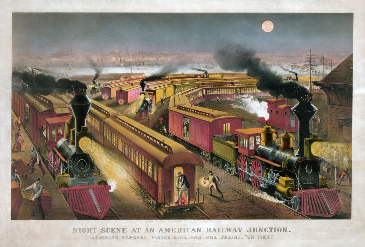 Scena notturna a un incrocio ferroviario americano di Currier & Ives da Currier and Ives